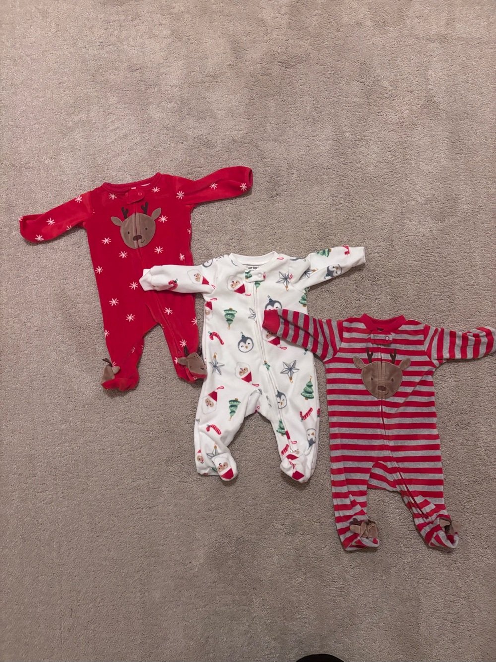 Carter's Holiday Reindeer & Penguin Footed One-Piece Set - Red, White, Gray